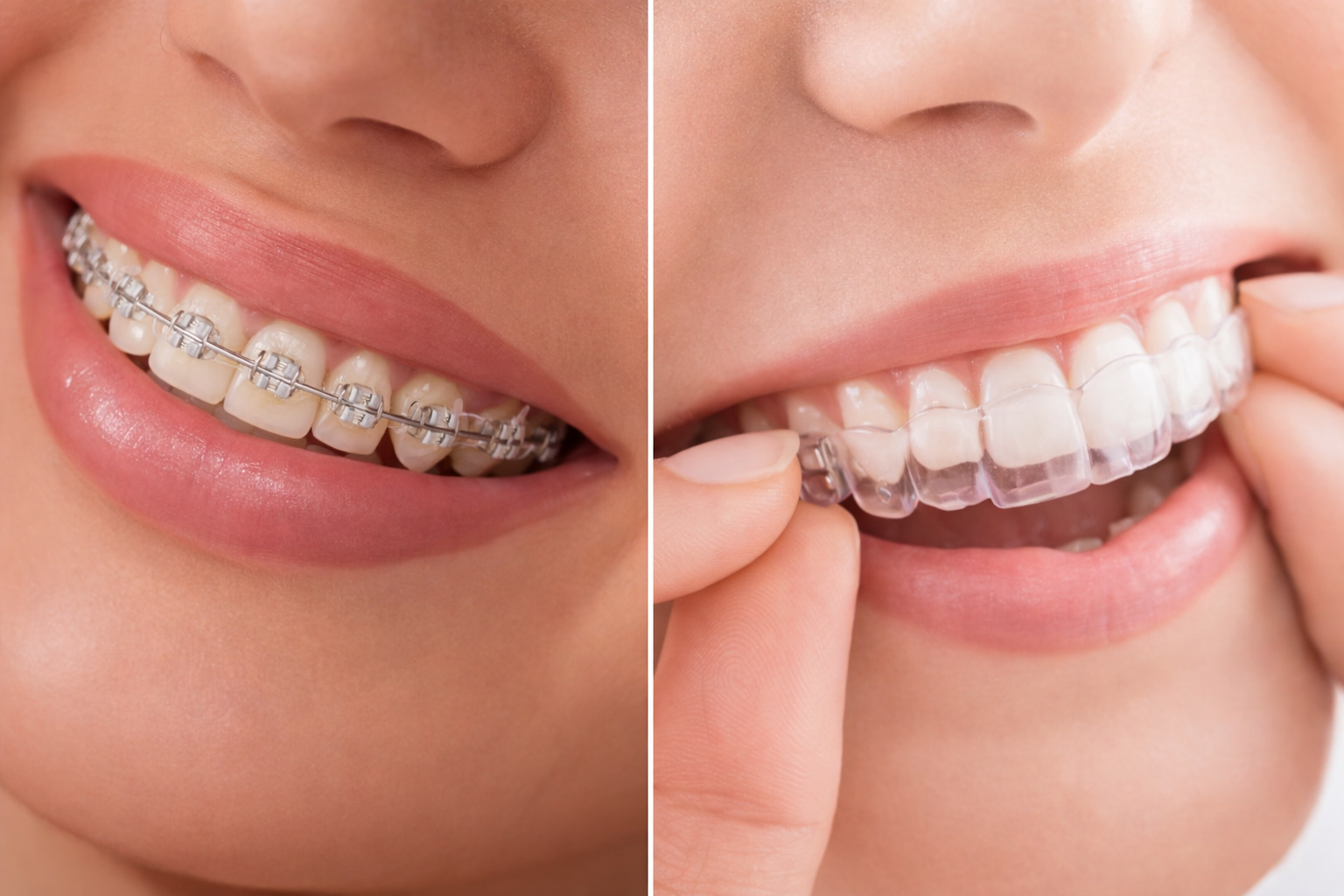 Side-by-side comparison of traditional metal dental braces on the left and clear removable aligners (Invisalign) on the right, showing two different orthodontic treatment options for teeth straightening.